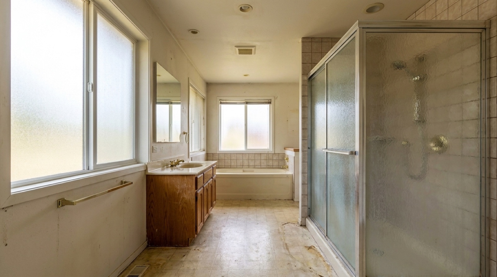 The same master bathroom before — an old dated framed sliding shower with cloudy glass
