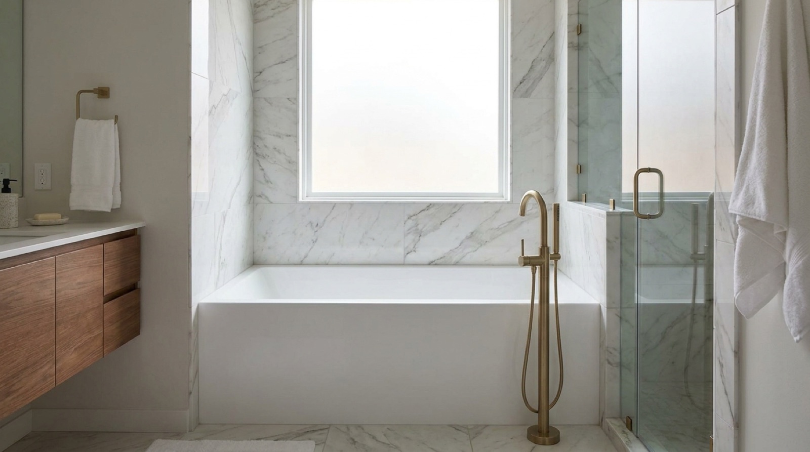 Roomy white acrylic alcove bathtub with brushed gold filler in a marble bathroom