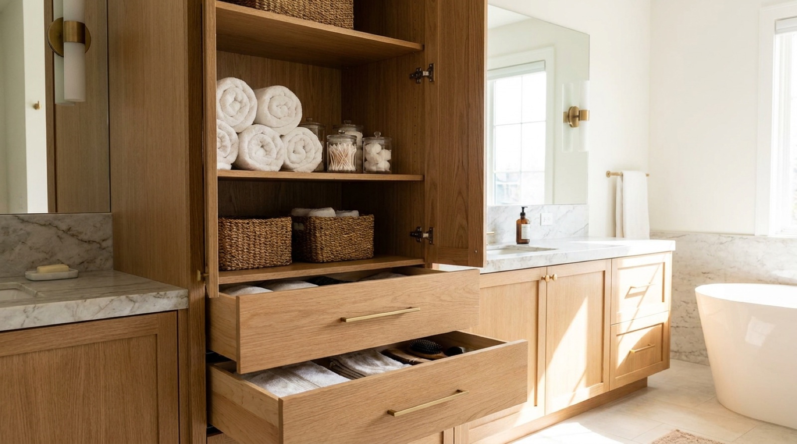 Open bathroom storage cabinet with organized shelves and brushed gold hardware