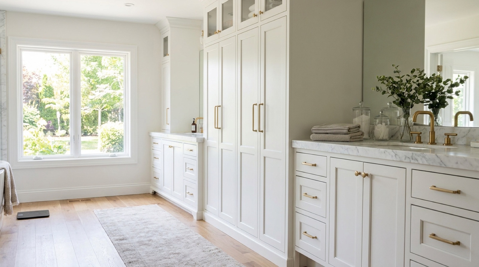 Custom bathroom cabinetry with brushed gold hardware in a bright bathroom