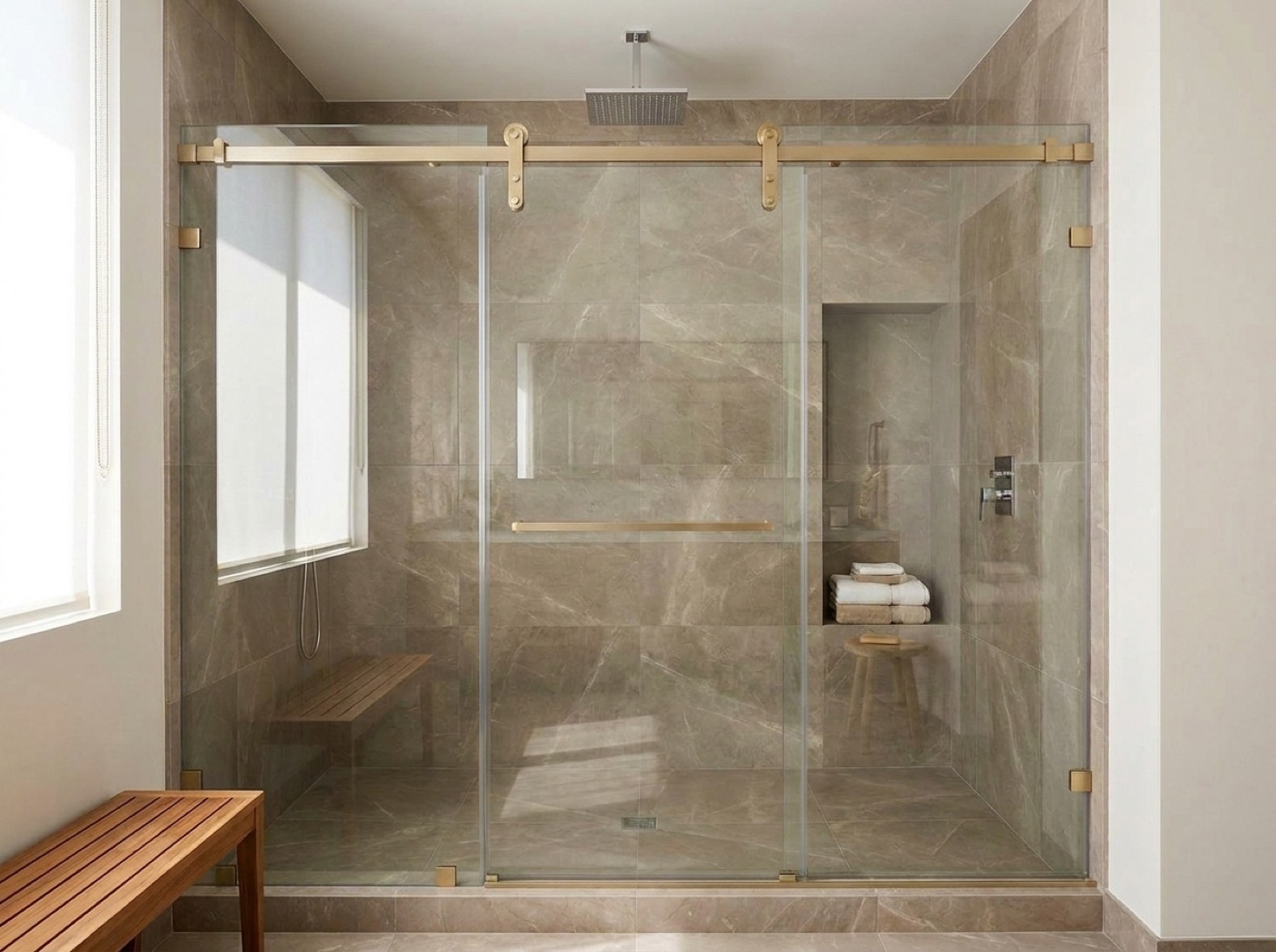 Sliding barn-style glass shower door with brushed gold top track and roller hardware