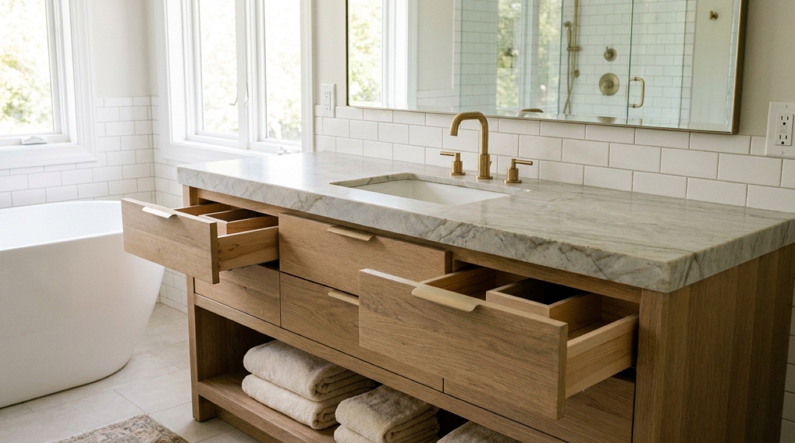Single bathroom vanity with a stone countertop, undermount sink, and brushed gold faucet