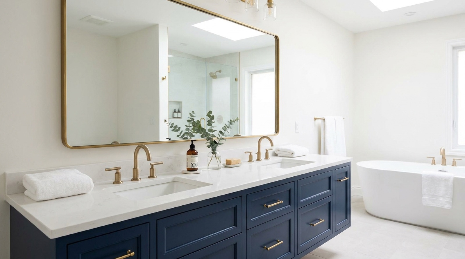 Floating double bathroom vanity with a stone top and brushed gold faucets